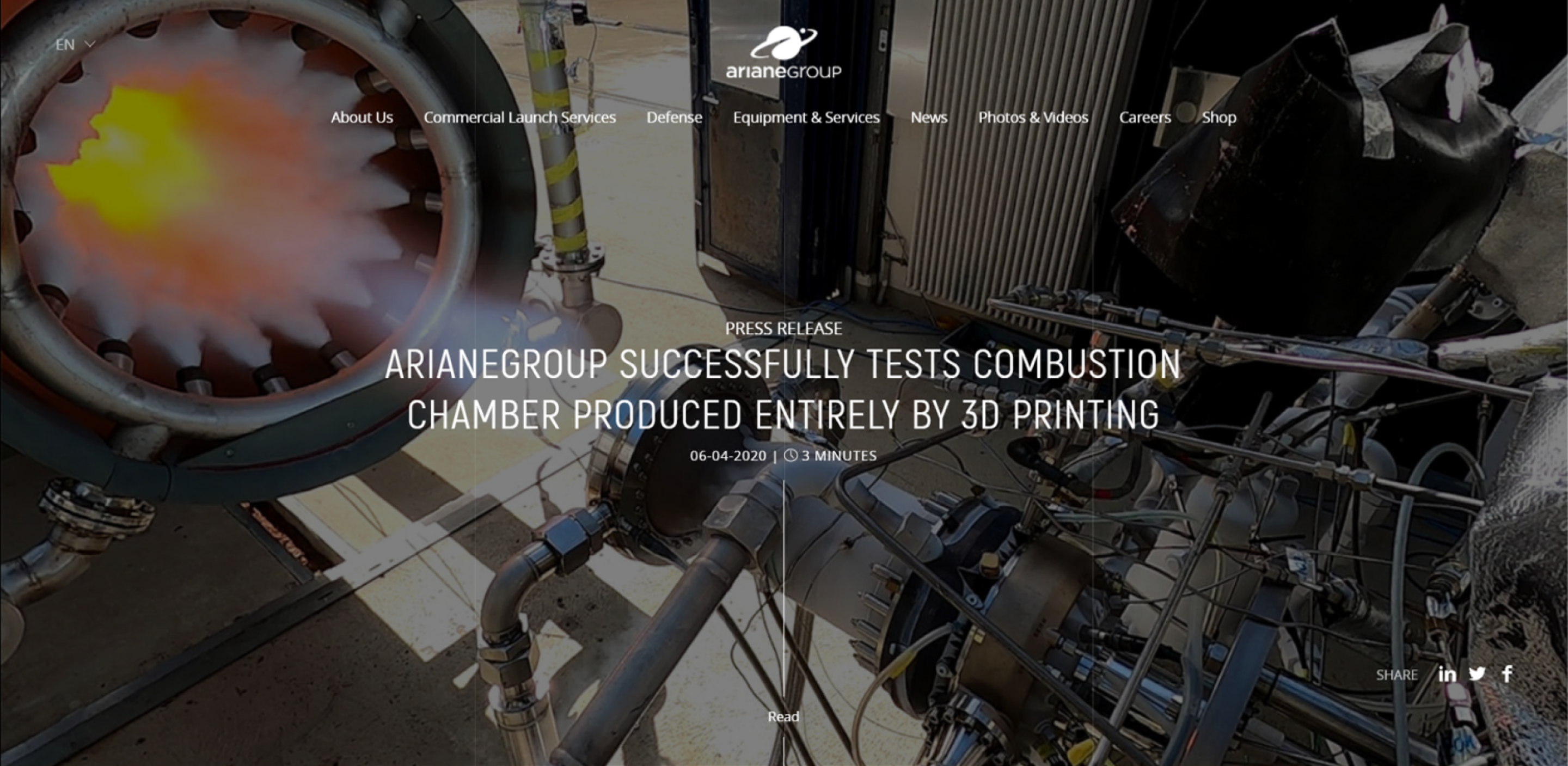 The AMCM M 4K 3D-printed Launcher E-2 combustion chamber on the Launcher test stand at NASA Stennis Space Center