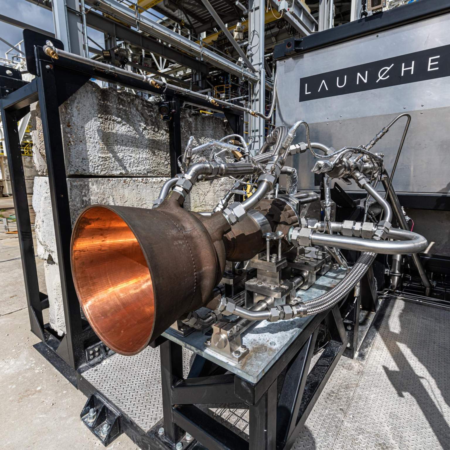The AMCM M 4K 3D-printed Launcher E-2 combustion chamber on the Launcher test stand at NASA Stennis Space Center