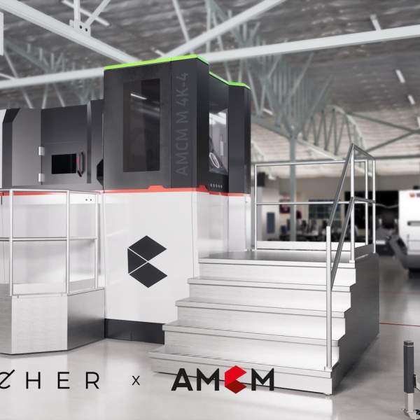 Illustration of the AMCM M 4K 3D metal print system in the new Launcher production facility plus rocket engine combustion chamber made in that system out of copper alloy (CuCrZr)