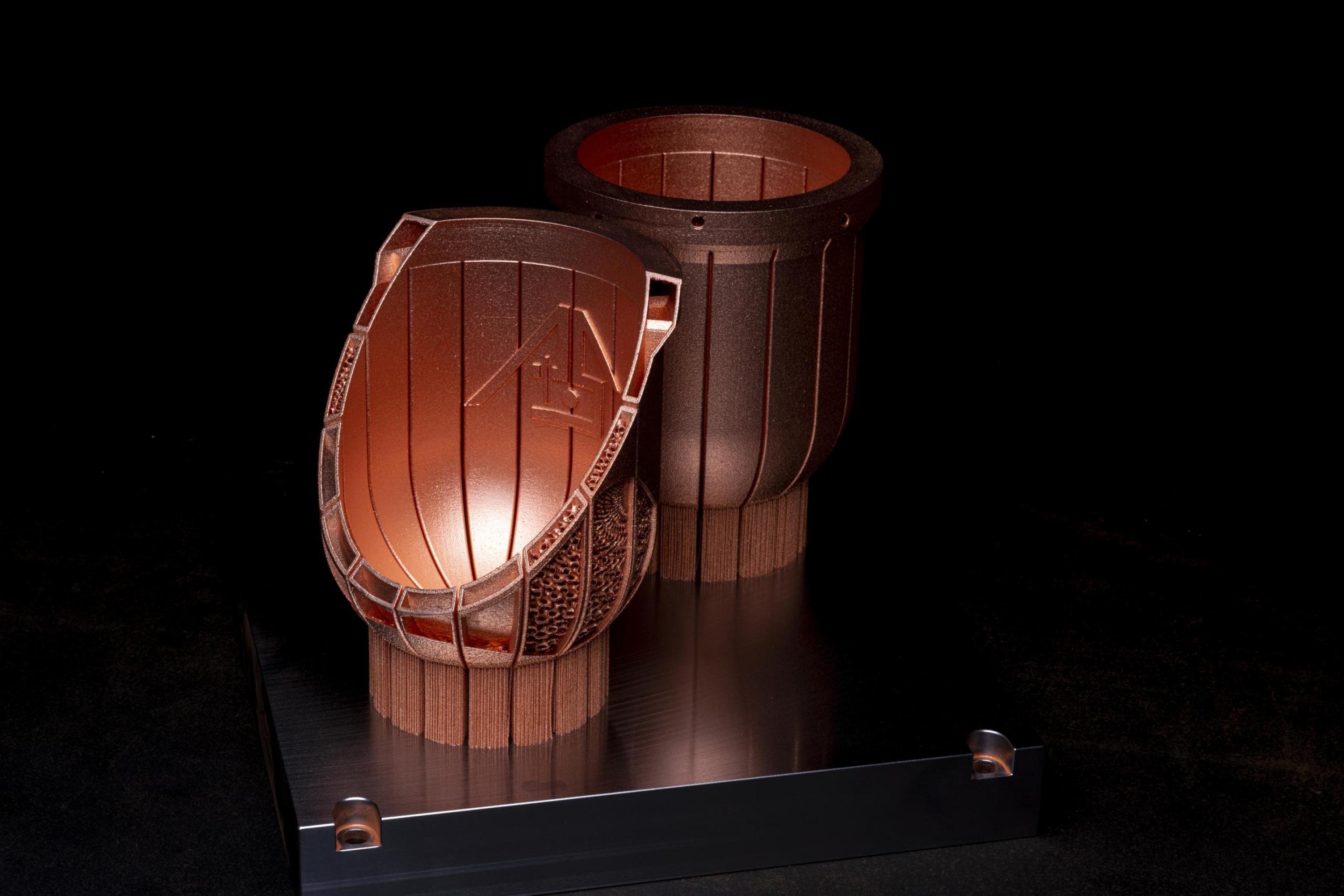 Copper cold cruicible 3D printed one is cut can see channels